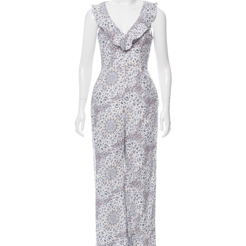 Zimmermann White Floral Ruffle V-Neck Jumpsuit